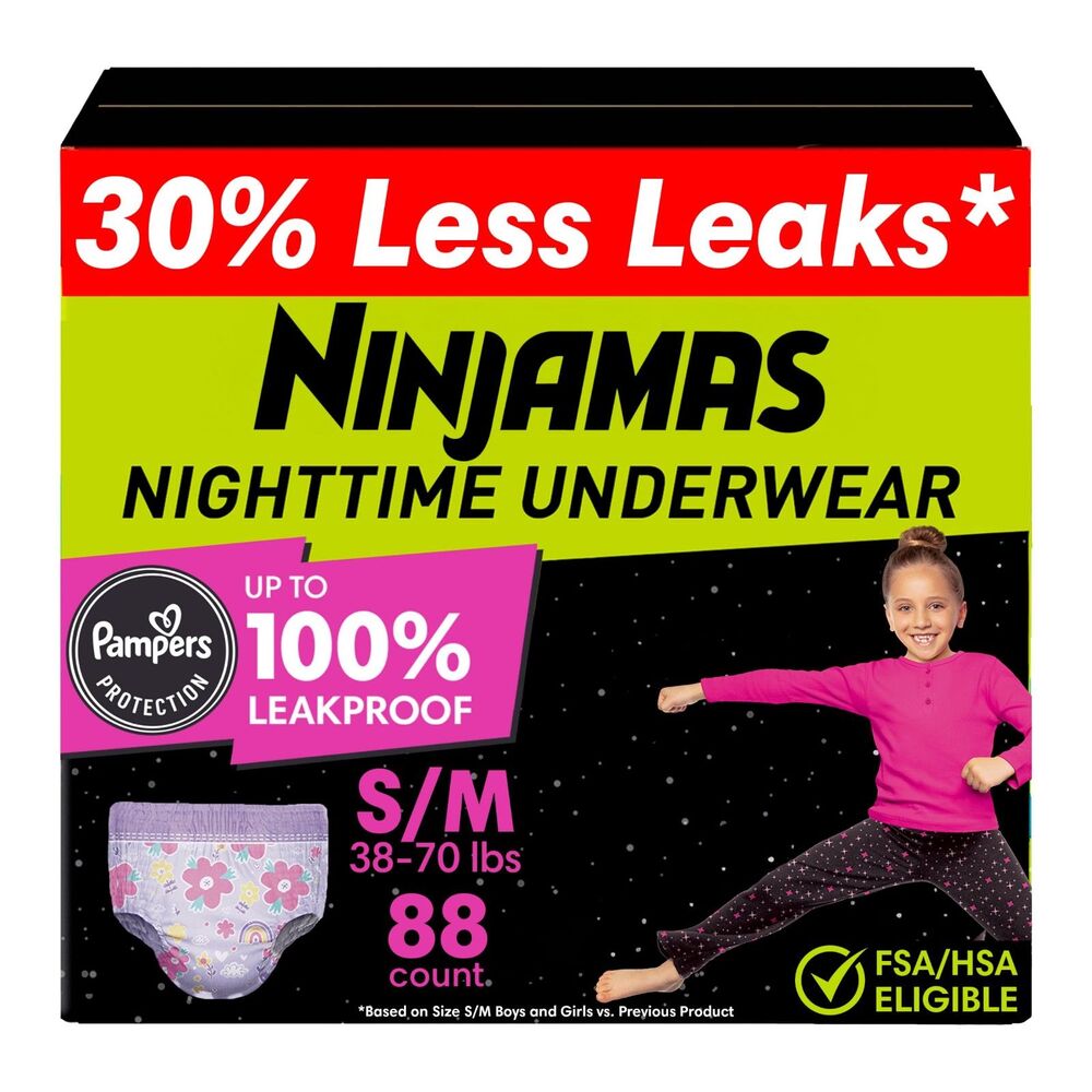 Ninjamas Bedwetting Nighttime Underwear, Size S/M (38-70 lbs), 88 Count